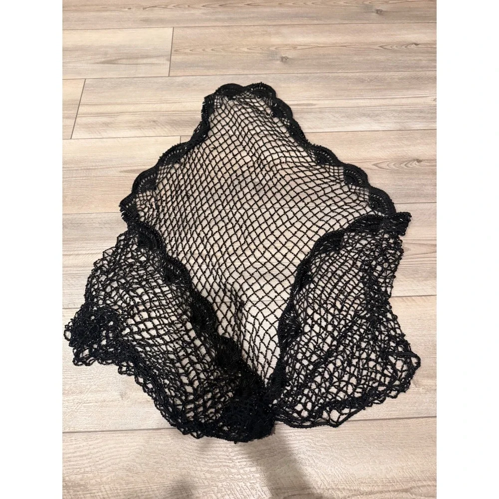 Vintage Black Beaded Shawl Scalloped Edge Fishnet Crochet Evening Wrap Triangle